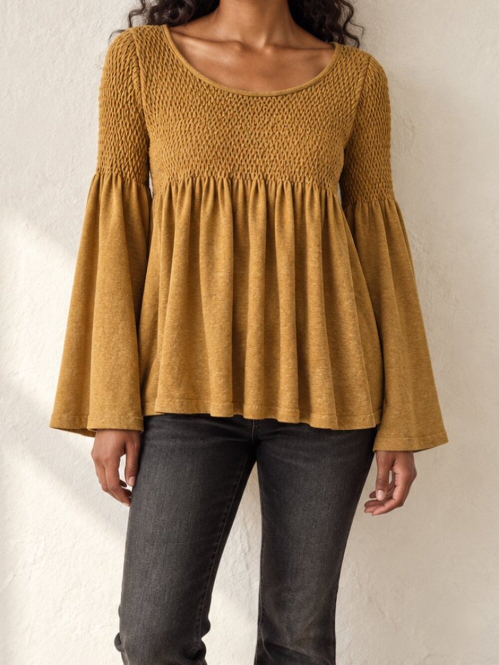 Anthropoloige Mustard Crochet Knit Bell Sleeve Babydoll Boho Tunic Top Size XS